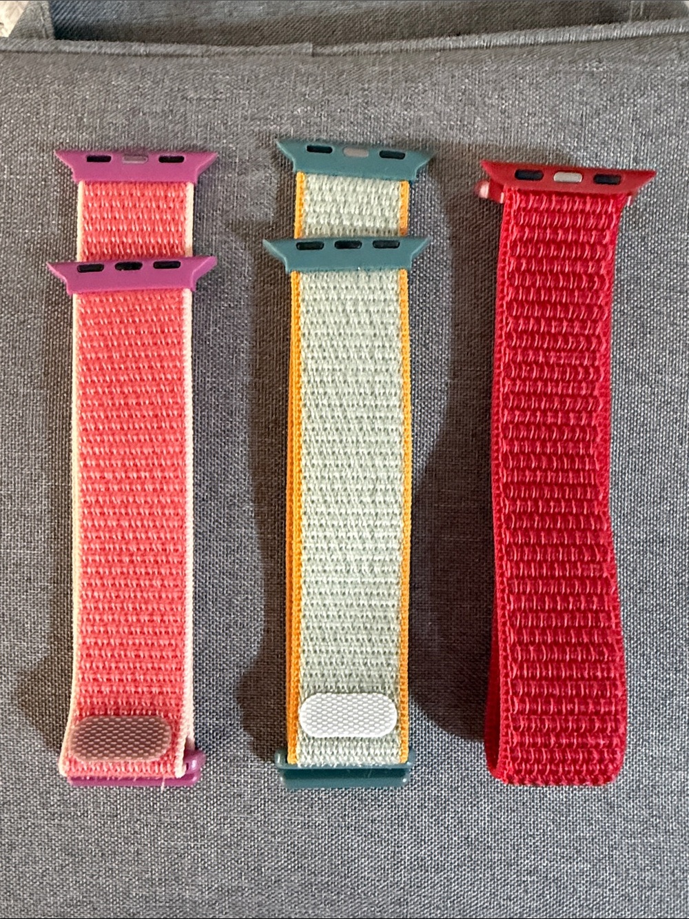 Three Nylon Loop Apple Watch Bands - Coral/Fuchsia, Mint/Yellow, Red/Red